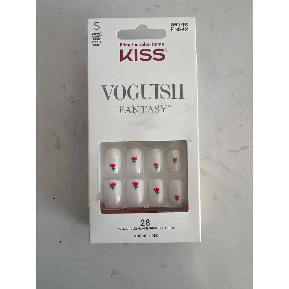 KISS VOGUISH FANTASY GEL NAILS WHITE PINK GREEN TULIPS SHORT LENGTH BRAND NEW